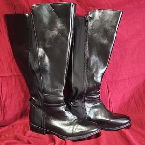 Black Over the Knee Leather Boots with Rounded Toe